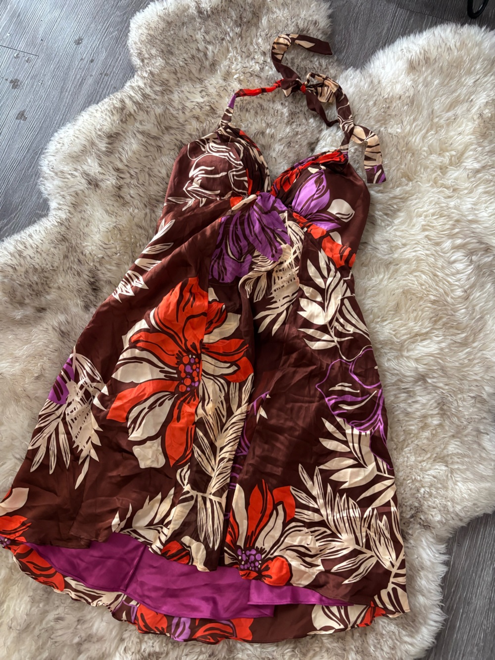 %100 silk Donna Ricco Brown Floral Halter Satin Chemise with Red & Purple